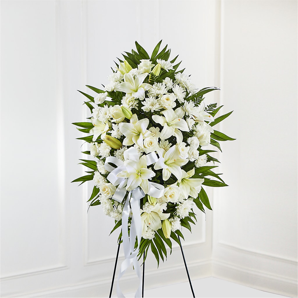 Exquisite Tribute Standing Spray-White Ribbon – Sensation Flowers Boutique Inc, Miami FL