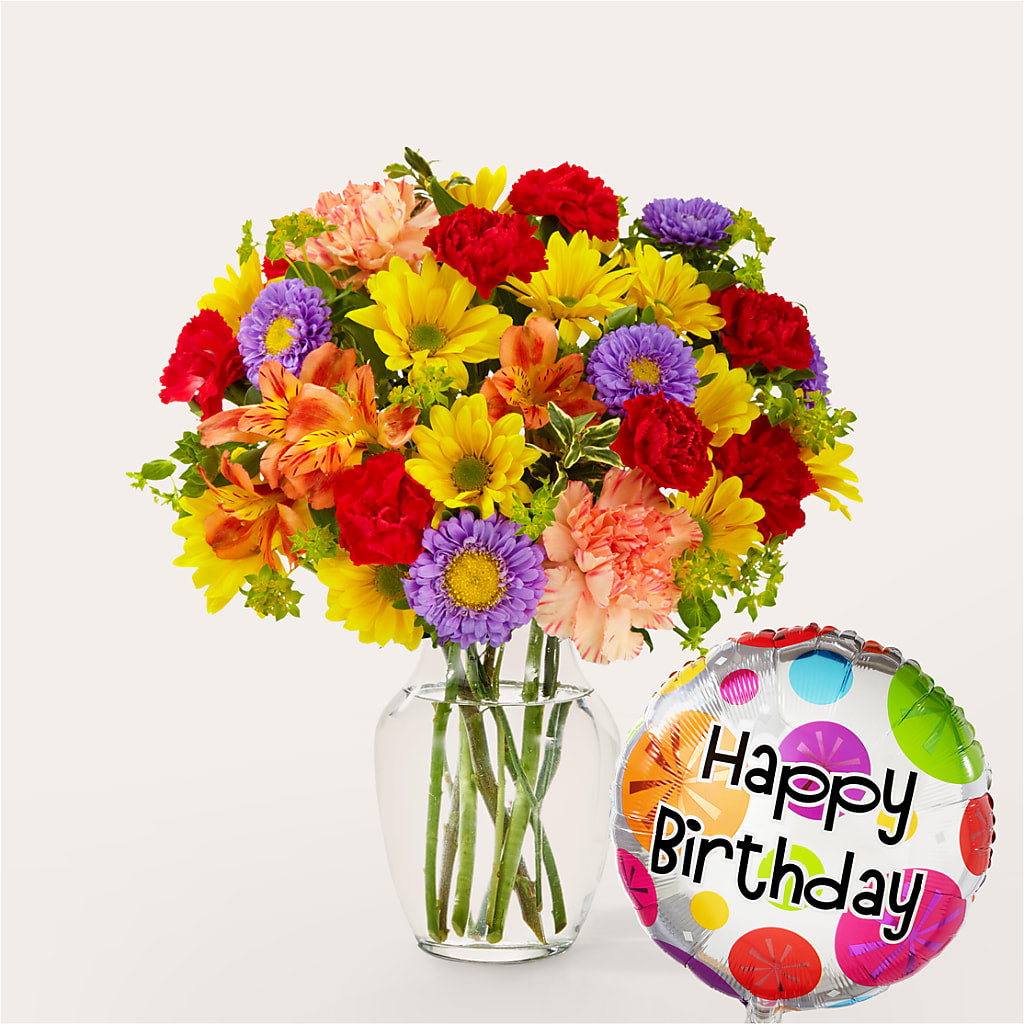Kaleidoscope Bouquet with Birthday Balloon –  Sensation Flowers Boutique Inc, Miami FL