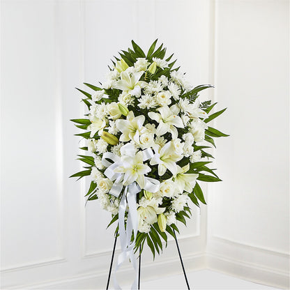 Exquisite Tribute Standing Spray-White Ribbon –  Sensation Flowers Boutique Inc, Miami FL