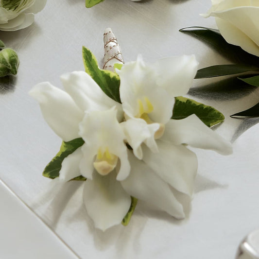 White Mini Cymbidium Boutonniere –  Sensation Flowers Boutique Inc, Miami FL